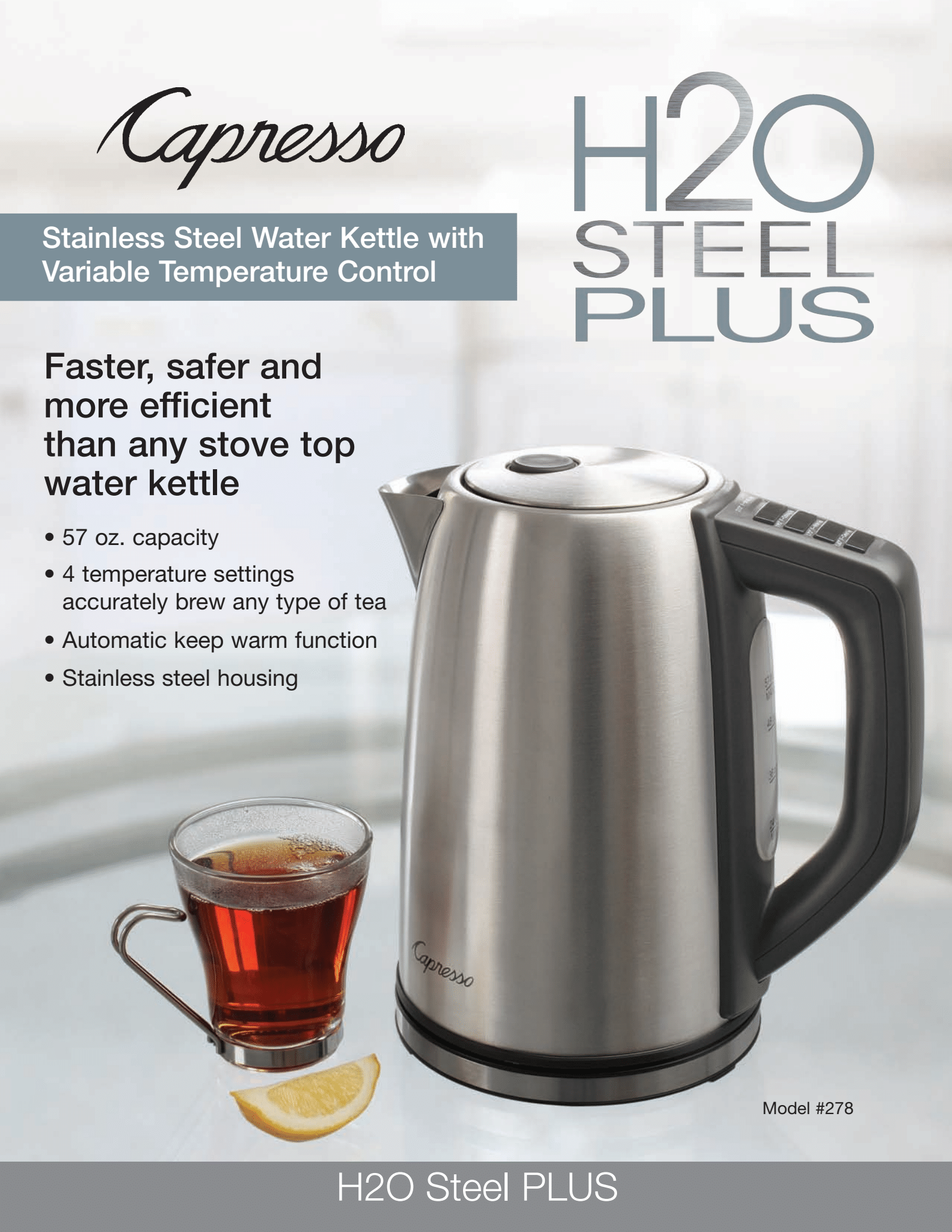 Capresso H20-RB H2O Steel Plus Water Kettle, 57 oz, Black - Certified Refurbished