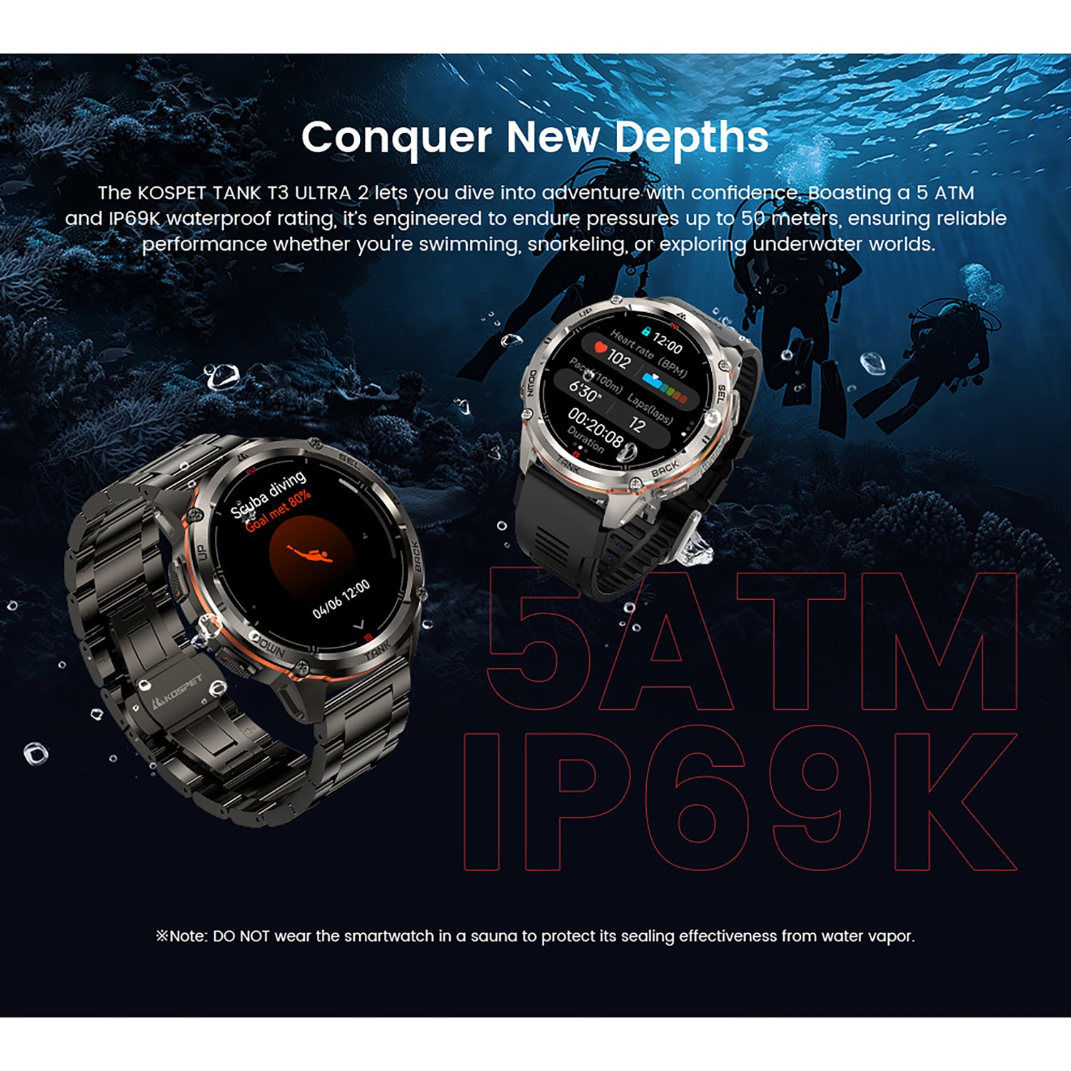 Kospet TANK T3 Ultra 2 GPS Smartwatch with 1.43-In. AMOLED Touch Screen, Bluetooth, 170+ Sports Modes, and 2 Bands, Black