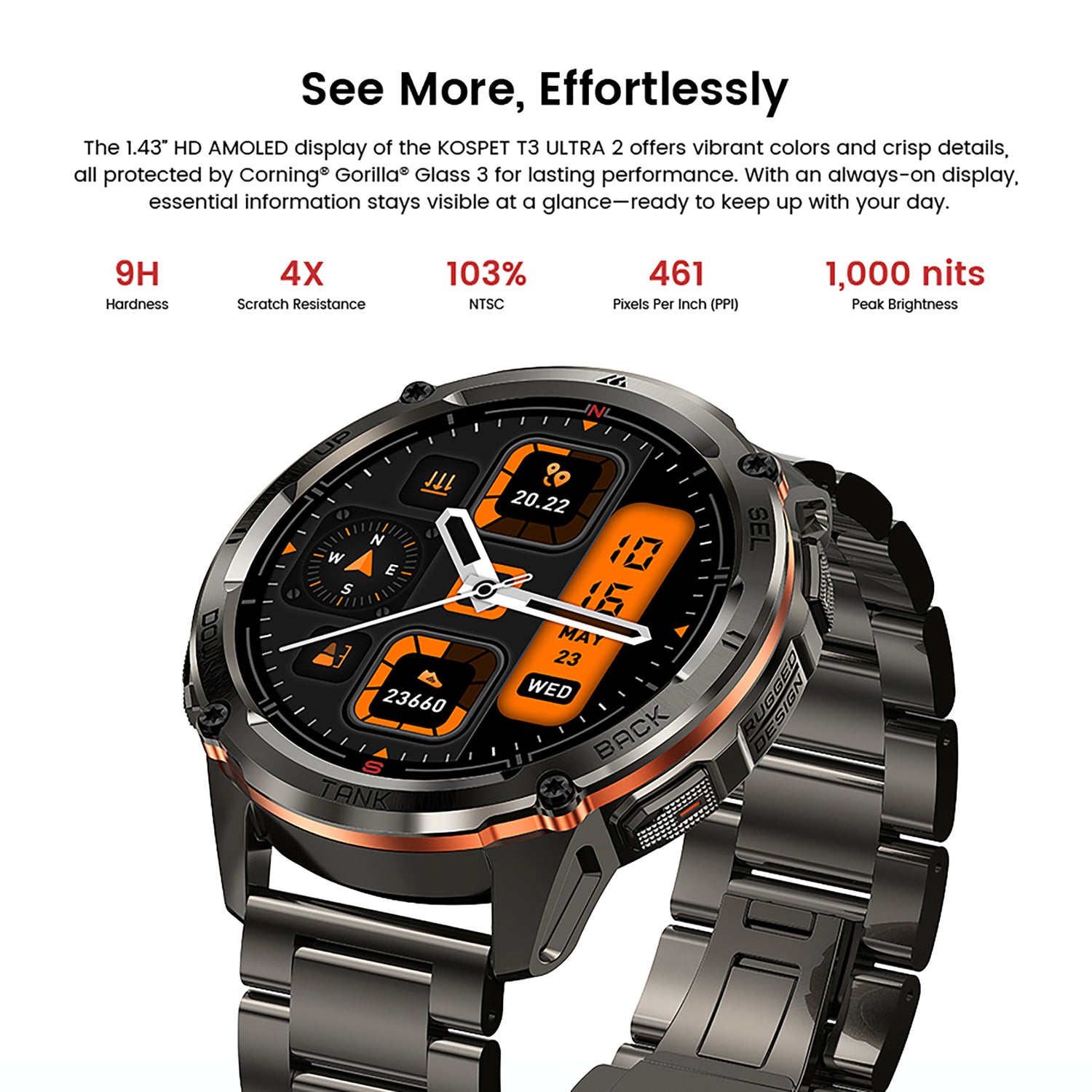 Kospet TANK T3 Ultra 2 GPS Smartwatch with 1.43-In. AMOLED Touch Screen, Bluetooth, 170+ Sports Modes, and 2 Bands, Black