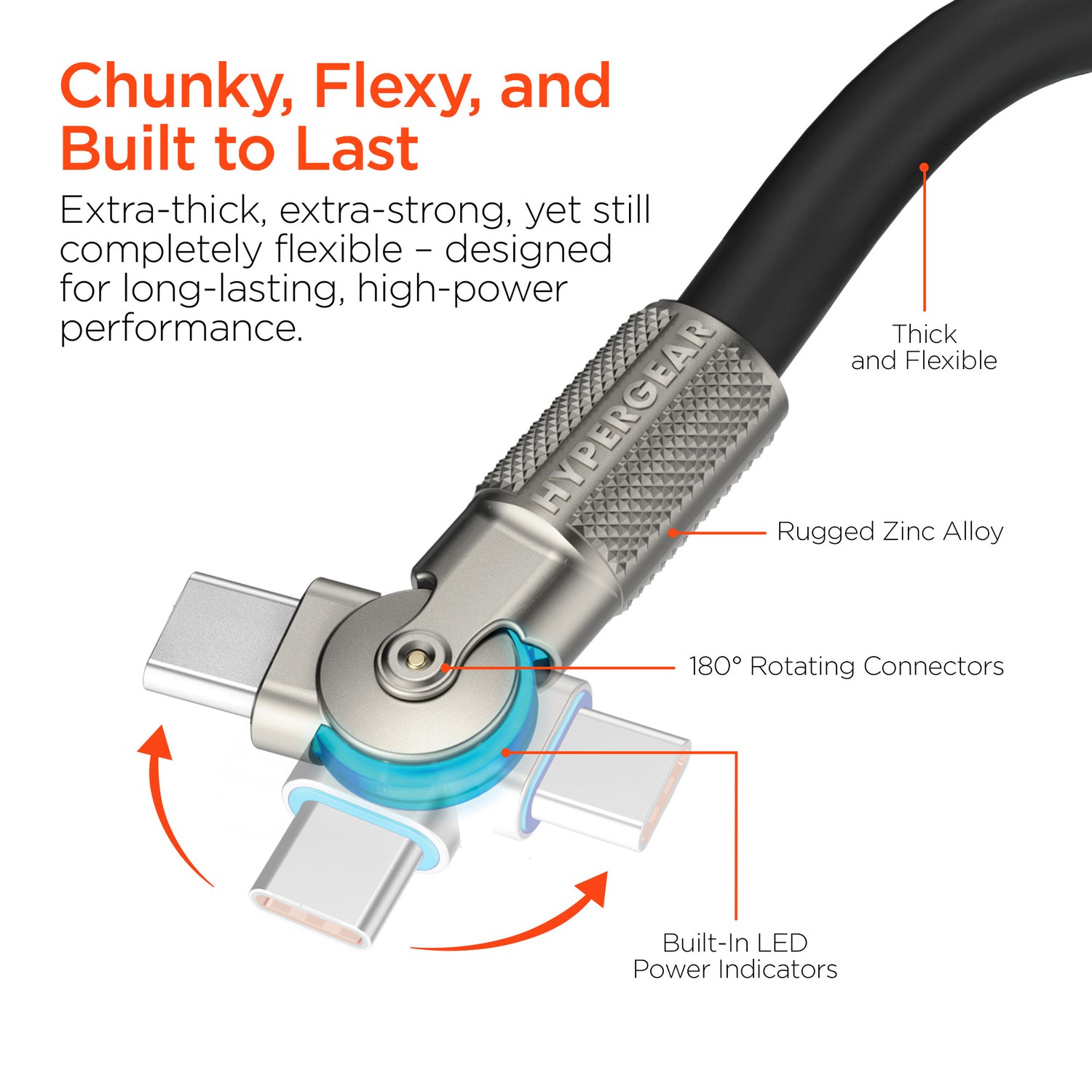 HyperGear USB-C to USB-C Fast Charge and Sync Chunky180° Rugged Cable, 6 Ft., Black