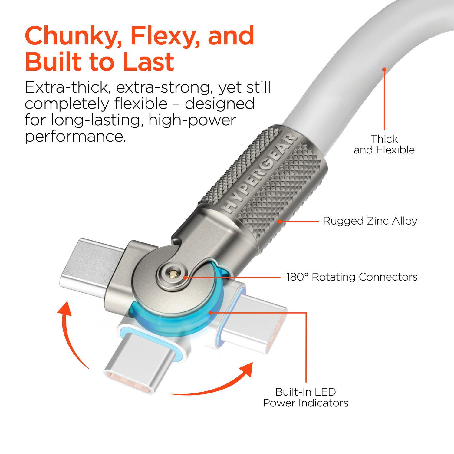 HyperGear USB-C to USB-C Fast Charge and Sync Chunky180° Rugged Cable, 6 Ft., White