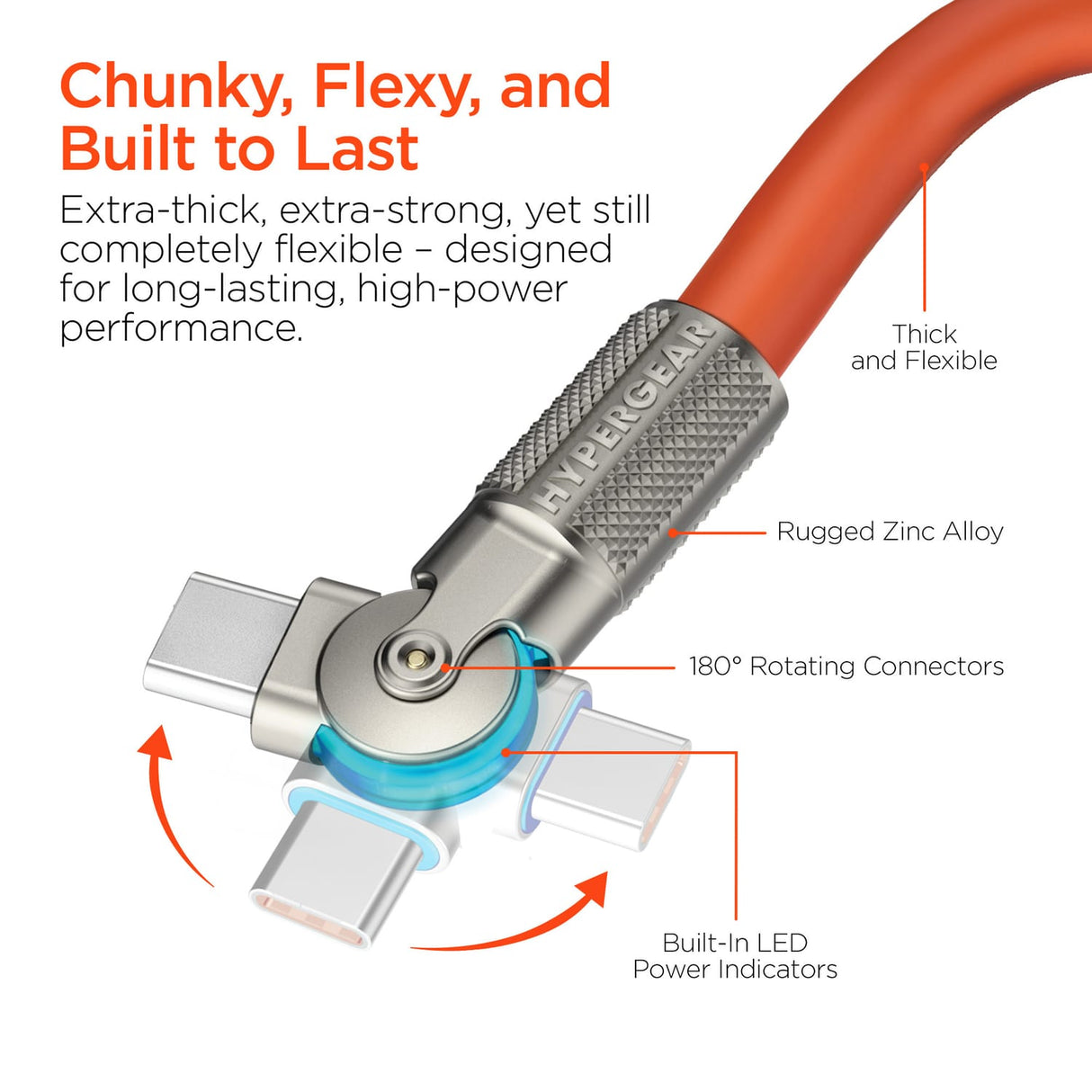 HyperGear USB-C to USB-C Fast Charge and Sync Chunky180° Rugged Cable, 6 Ft., Orange