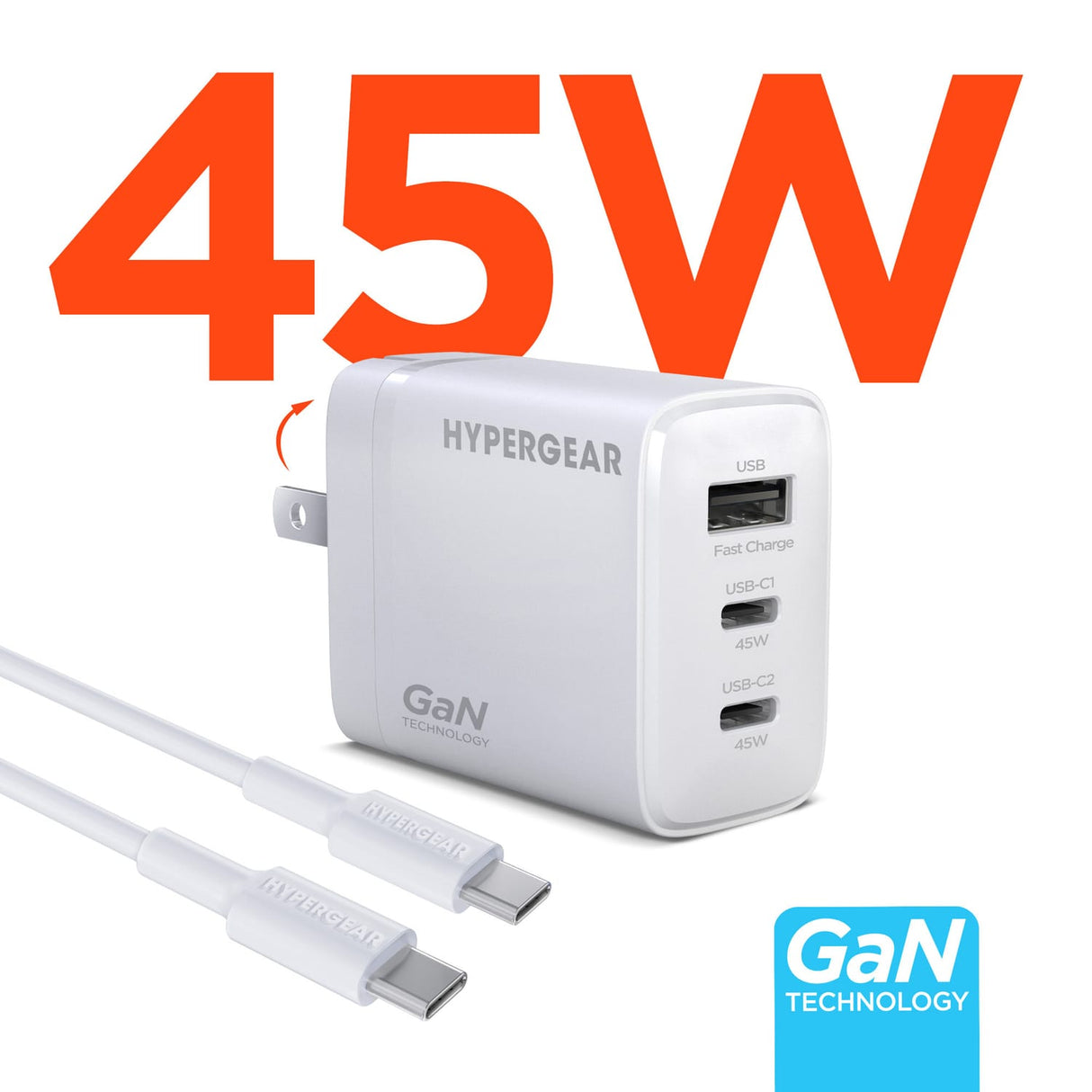HyperGear 45-Watt Tri-Port SpeedBoost USB-C PD GaN Wall Charger with 6-Ft. USB-C Cable