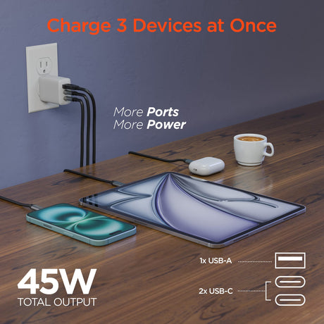 HyperGear 45-Watt Tri-Port SpeedBoost USB-C PD GaN Wall Charger with 6-Ft. USB-C Cable