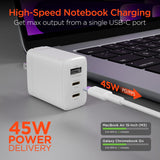 HyperGear 45-Watt Tri-Port SpeedBoost USB-C PD GaN Wall Charger with 6-Ft. USB-C Cable