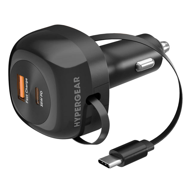 HyperGear 30-Watt 3-Port USB-C and USB-A Power Delivery Car Charger with Retractable USB-C PD Cable