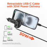 HyperGear 30-Watt 3-Port USB-C and USB-A Power Delivery Car Charger with Retractable USB-C PD Cable
