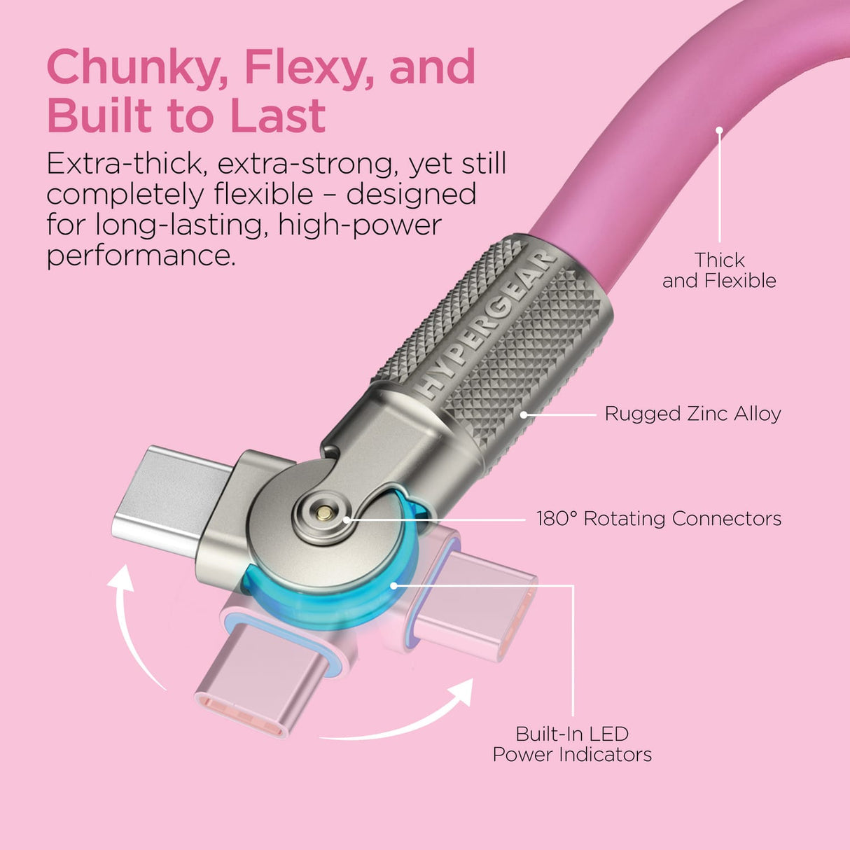 HyperGear USB-C to USB-C Fast Charge and Sync Chunky180° Rugged Cable, 6 Ft., Pink