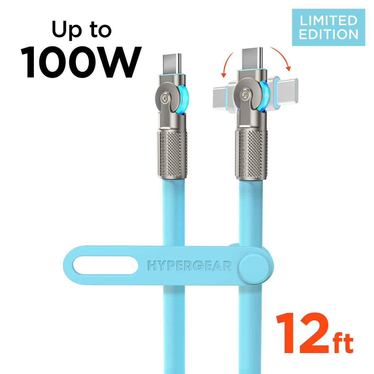 HyperGear USB-C to USB-C Fast Charge and Sync Chunky180° Rugged Cable, 12 Ft., Sky Blue