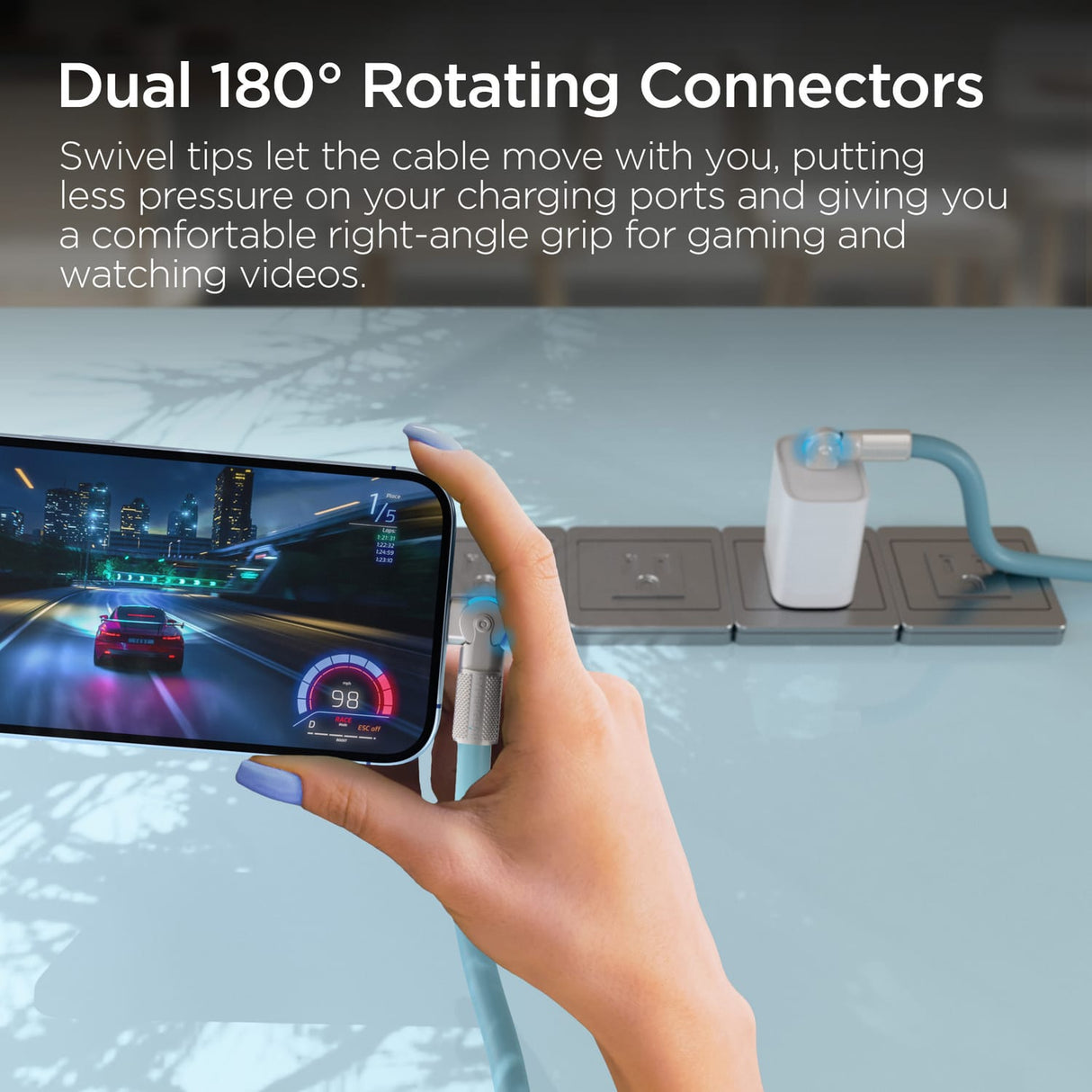 HyperGear USB-C to USB-C Fast Charge and Sync Chunky180° Rugged Cable, 12 Ft., Sky Blue