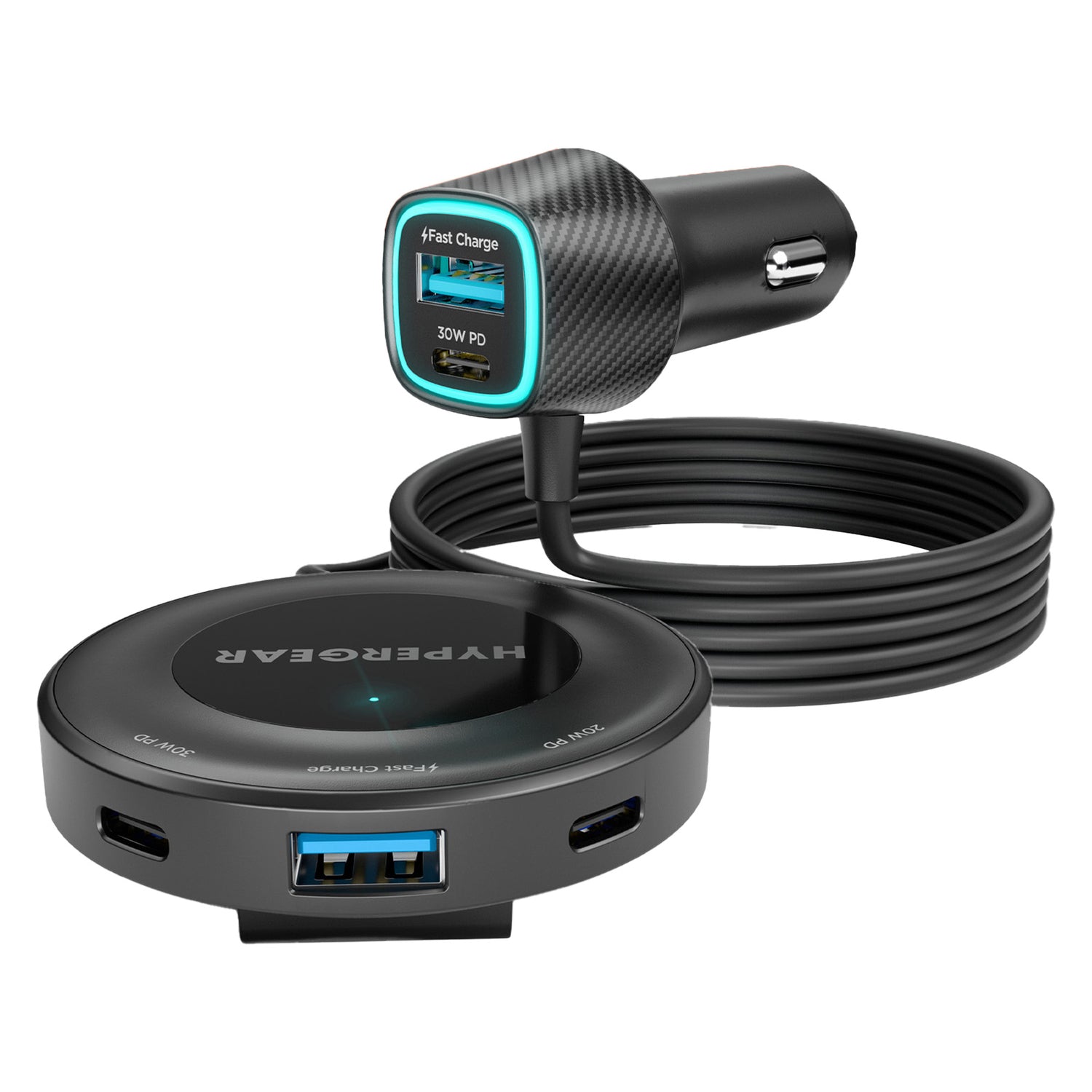 HyperGear Road Runner 98-Watt 5-Port Front and Backseat Car Charger with Dual 30-Watt USB-C PD PPS, 5-Ft. Cable