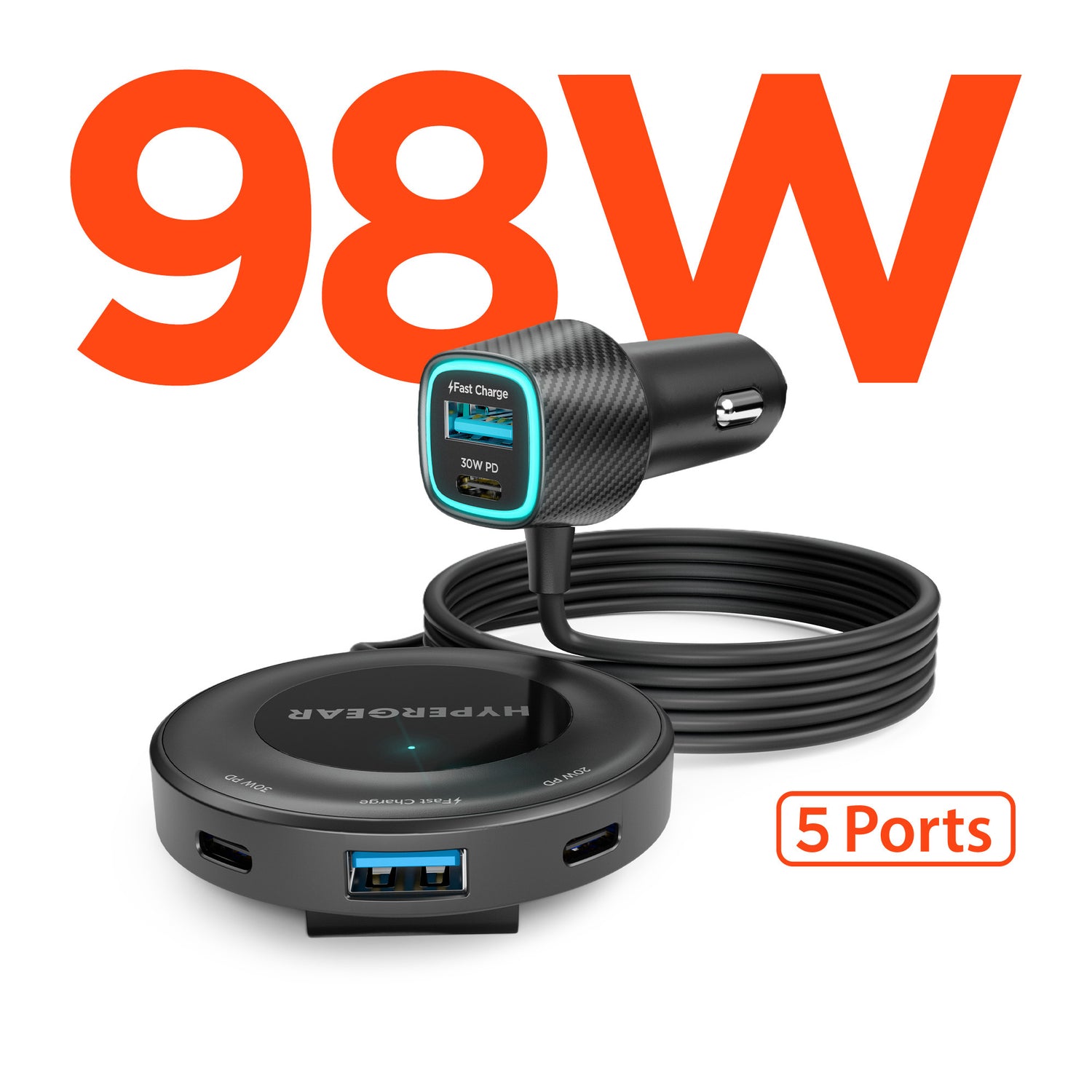 HyperGear Road Runner 98-Watt 5-Port Front and Backseat Car Charger with Dual 30-Watt USB-C PD PPS, 5-Ft. Cable