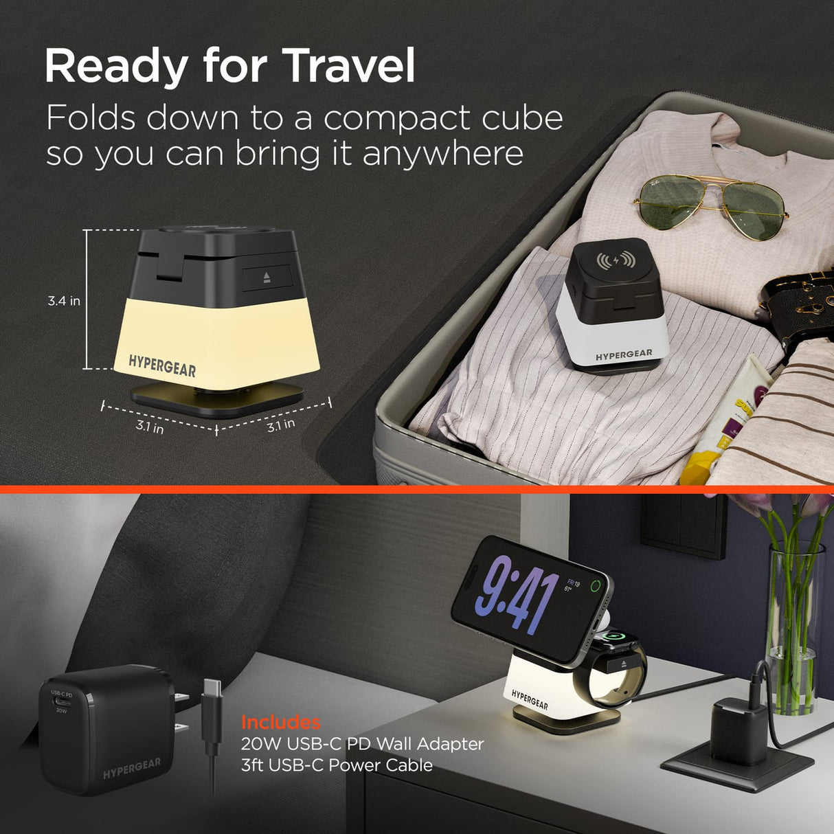 HyperGear 15-Watt PowerFold Cube 3-in-1 Magnetic Wireless Charging Stand for Apple Devices