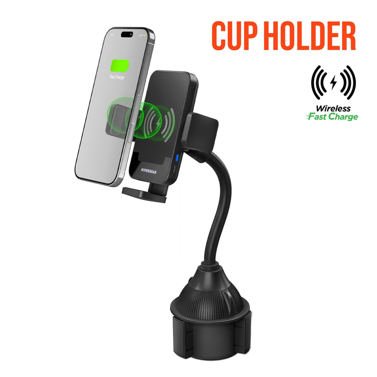 HyperGear 15-Watt EZ Grip Wireless Charging Car Mount with Flexible Cup-Holder Base with 3.3-Ft. USB-C Power Cable