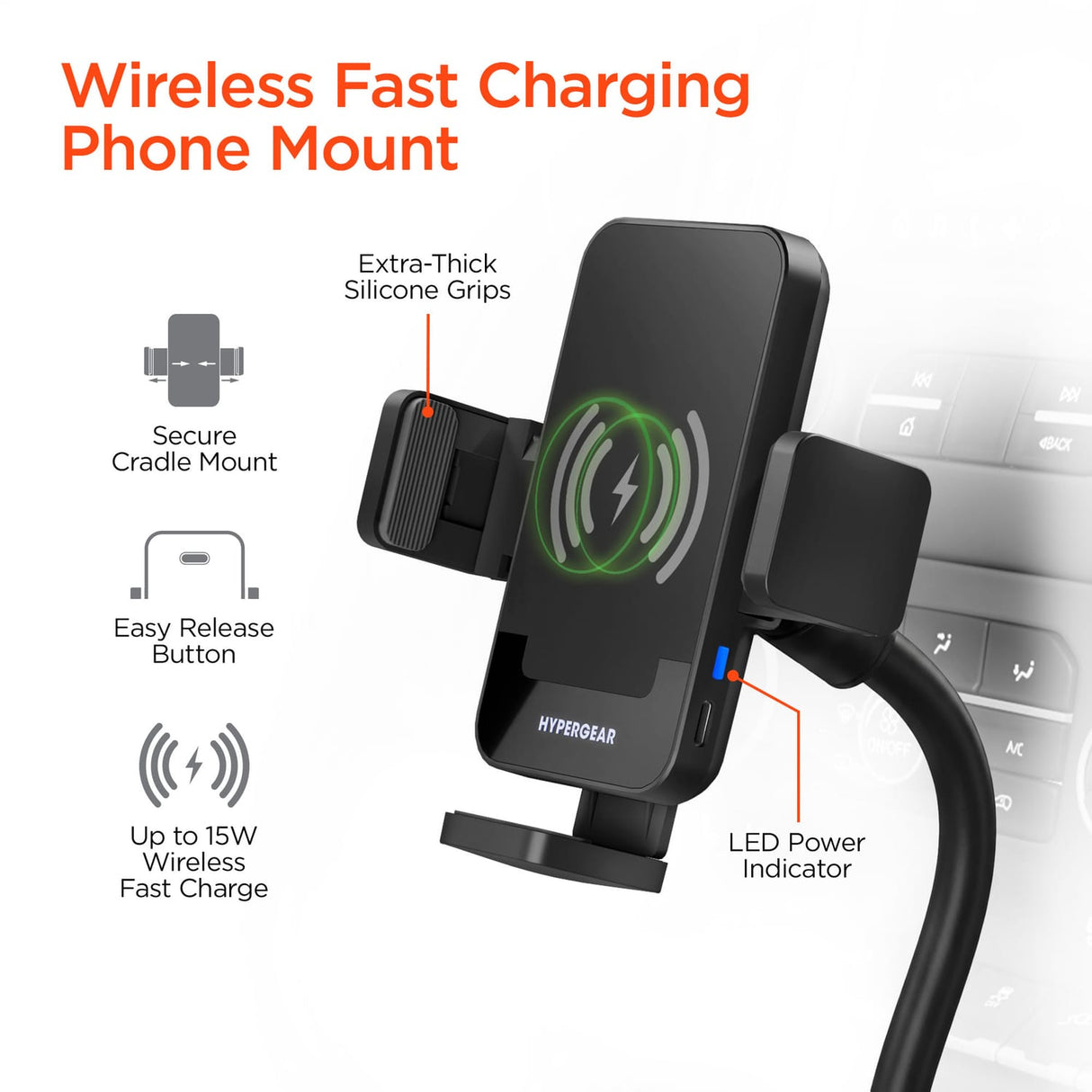 HyperGear 15-Watt EZ Grip Wireless Charging Car Mount with Flexible Cup-Holder Base with 3.3-Ft. USB-C Power Cable