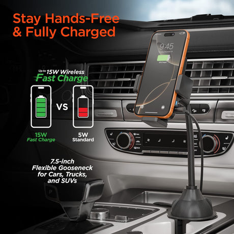 HyperGear 15-Watt EZ Grip Wireless Charging Car Mount with Flexible Cup-Holder Base with 3.3-Ft. USB-C Power Cable
