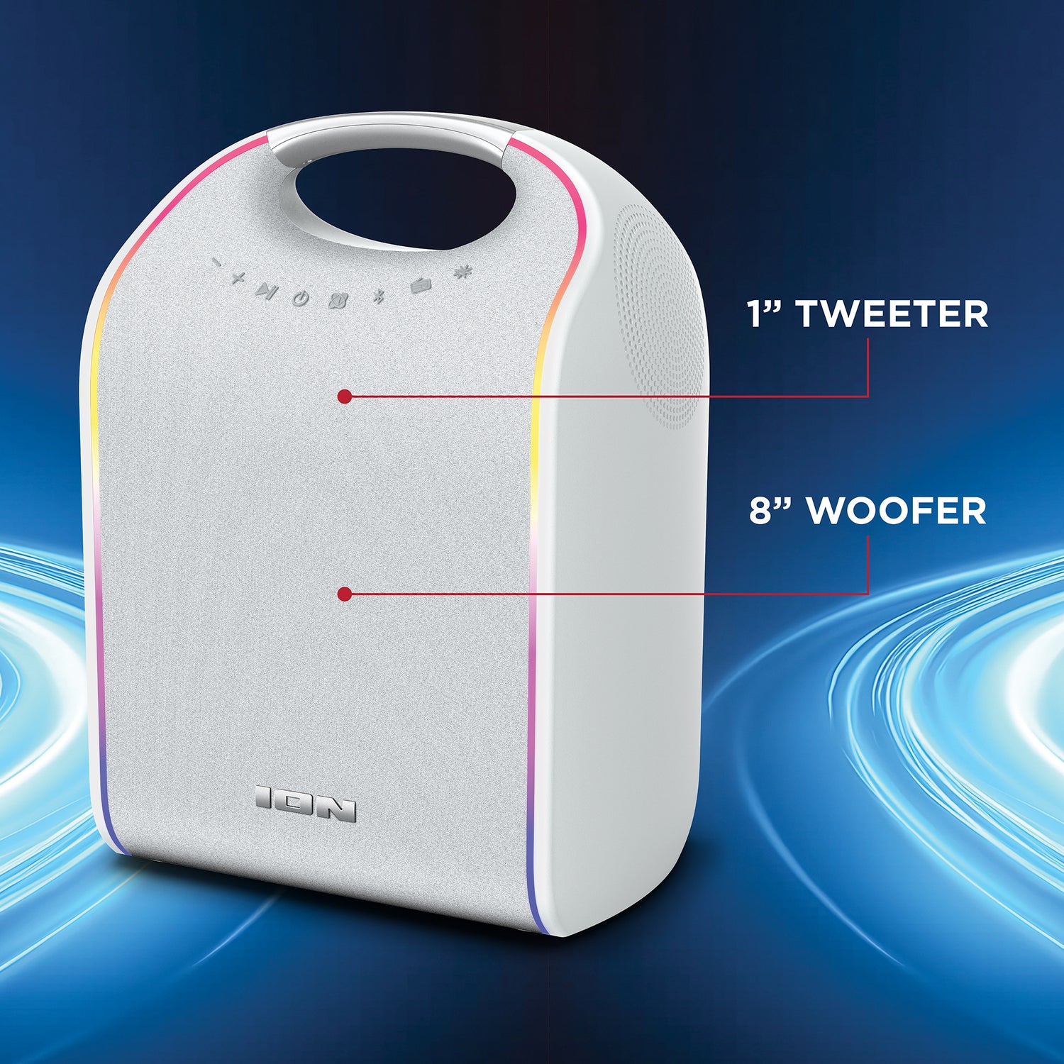 ION 40-Watt-RMS Stereo Glow Tone Portable Bluetooth Rechargeable Speaker with 8-In. Woofer, Lights, TWS, Aux and Mic Inputs, FM, Water-Resistant