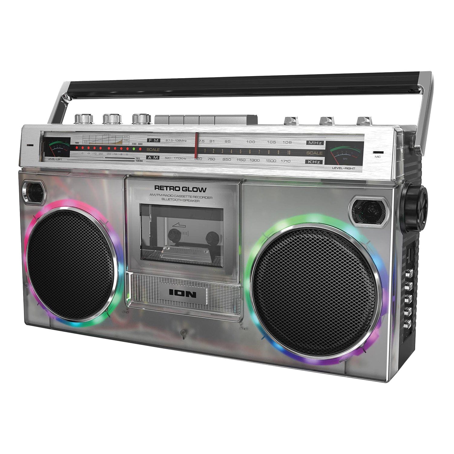 ION Retro Glow Bluetooth Cassette/Radio Boom Box with LED Lights, Translucent