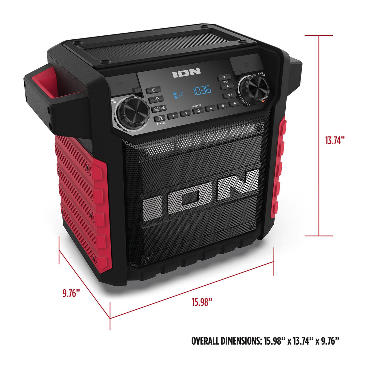 ION 22-Watt-RMS Tailgater Classic Portable Bluetooth Rechargeable Speaker with Link 2, FM, Light, IPX5, up to 15 Hours Play Time, Black/Red