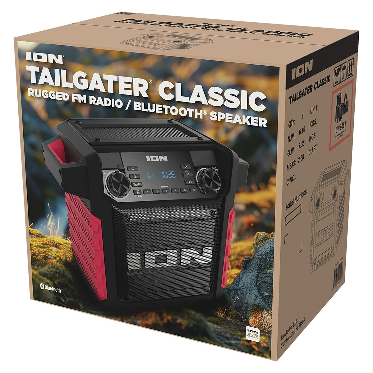 ION 22-Watt-RMS Tailgater Classic Portable Bluetooth Rechargeable Speaker with Link 2, FM, Light, IPX5, up to 15 Hours Play Time, Black/Red