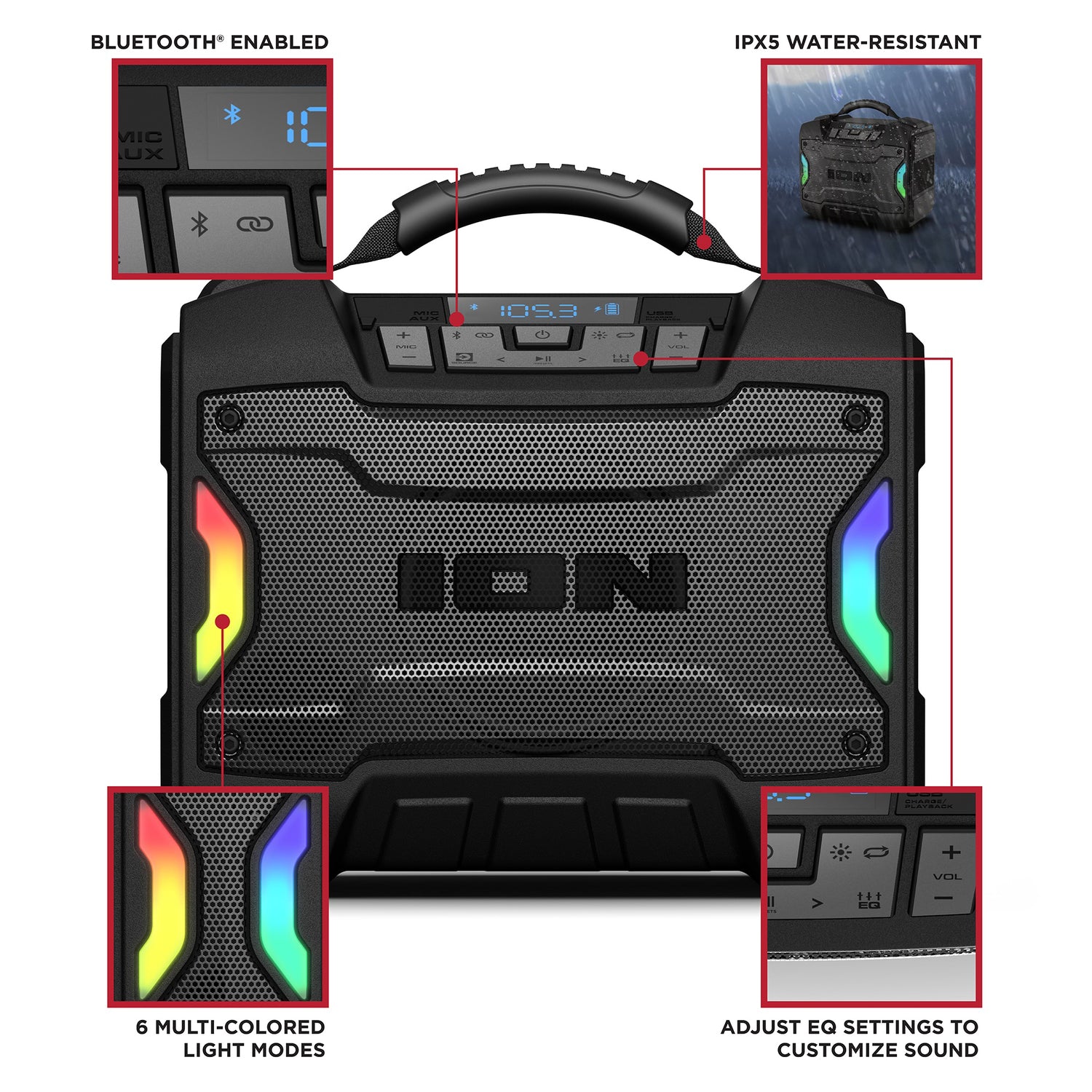 ION 22-Watt-RMS Tailgator TD Portable Bluetooth Rechargeable Speaker, TWS, Lights, FM/USB/Aux, Rugged Design, IPX5, up to 10 Hours Play Time
