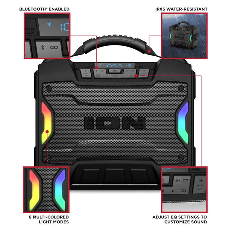 ION 22-Watt-RMS Tailgator TD Portable Bluetooth Rechargeable Speaker, TWS, Lights, FM/USB/Aux, Rugged Design, IPX5, up to 10 Hours Play Time
