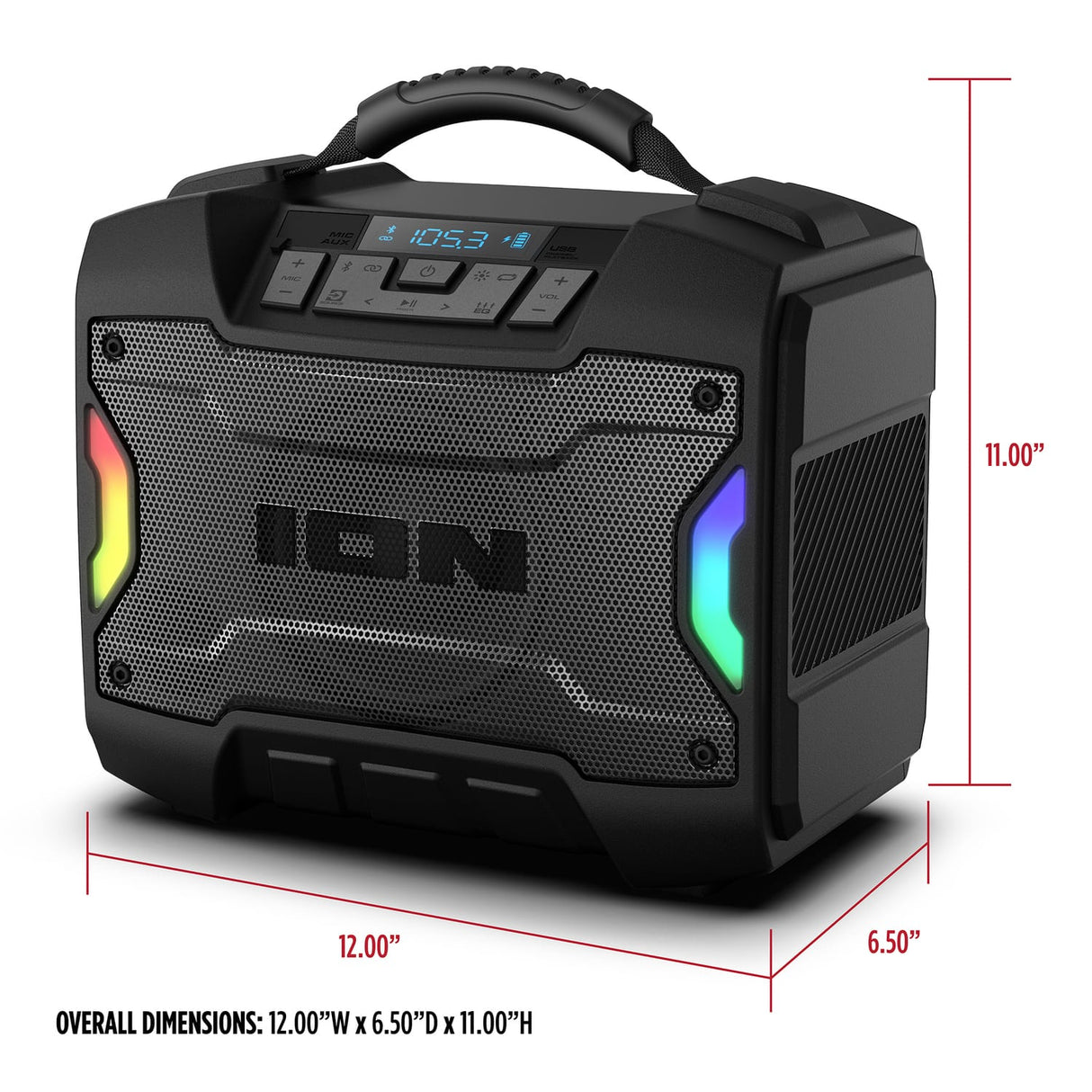 ION 22-Watt-RMS Tailgator TD Portable Bluetooth Rechargeable Speaker, TWS, Lights, FM/USB/Aux, Rugged Design, IPX5, up to 10 Hours Play Time