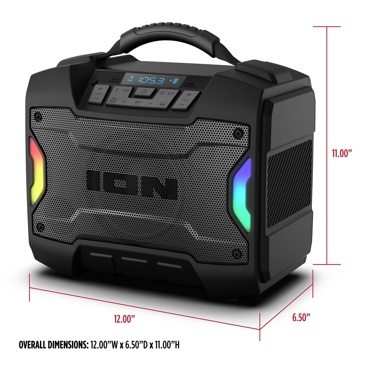 ION 22-Watt-RMS Tailgator TD Portable Bluetooth Rechargeable Speaker, TWS, Lights, FM/USB/Aux, Rugged Design, IPX5, up to 10 Hours Play Time