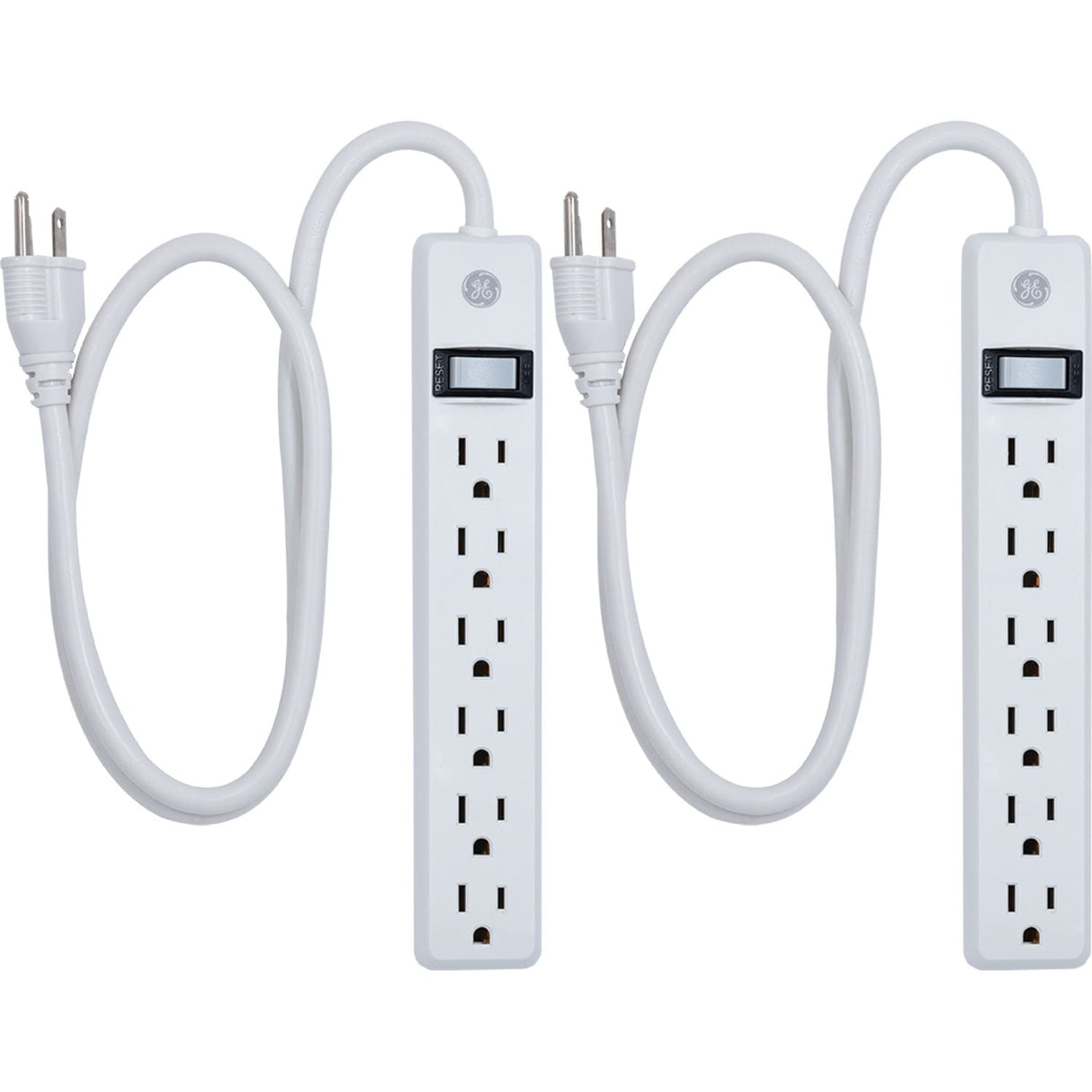 GE 6-AC Outlet 450-Joules Surge Protector Power Strip, 3-Ft. Cord with Straight Plug, 14709, 2 Pack