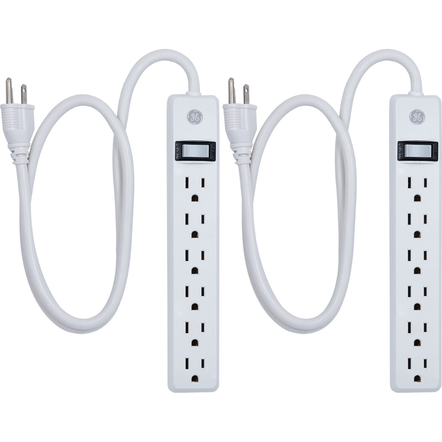 GE 6-AC Outlet 450-Joules Surge Protector Power Strip, 3-Ft. Cord with Straight Plug, 14709, 2 Pack