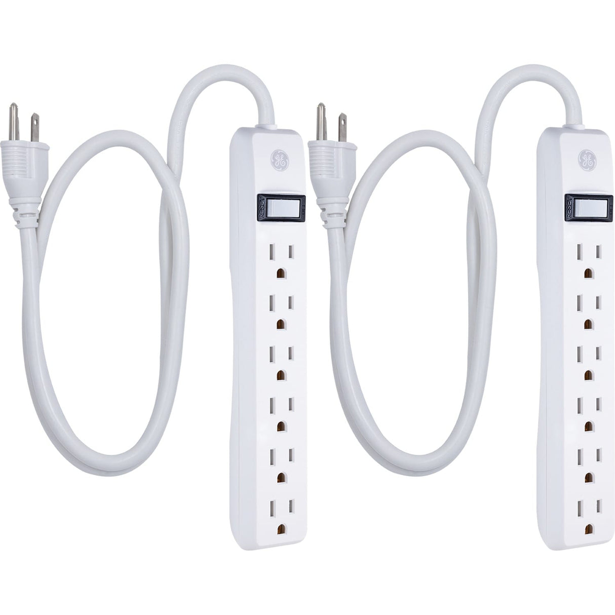GE 6-AC Outlet 450-Joules Surge Protector Power Strip, 3-Ft. Cord with Straight Plug, 14709, 2 Pack