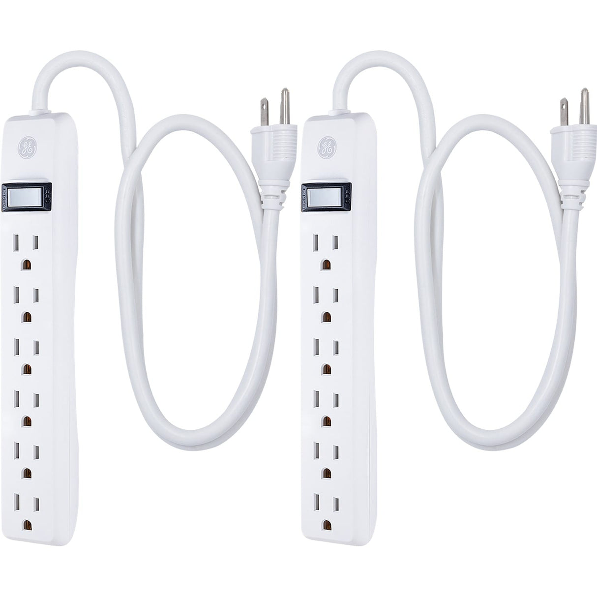 GE 6-AC Outlet 450-Joules Surge Protector Power Strip, 3-Ft. Cord with Straight Plug, 14709, 2 Pack
