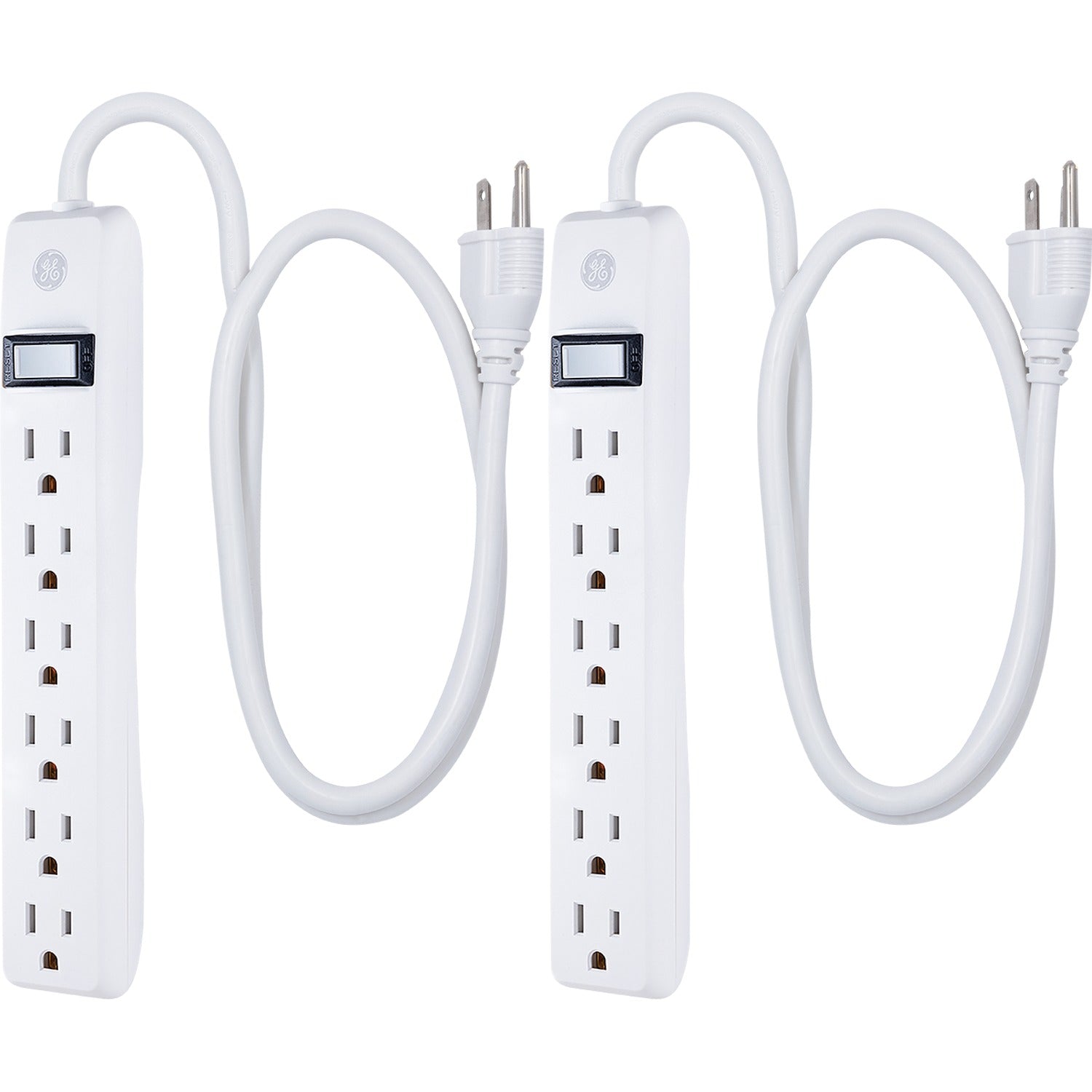 GE 6-AC Outlet 450-Joules Surge Protector Power Strip, 3-Ft. Cord with Straight Plug, 14709, 2 Pack