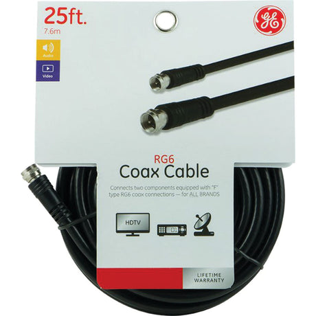 GE RG6 Coaxial Cable with F-Type Connectors, Black, 25 Ft.