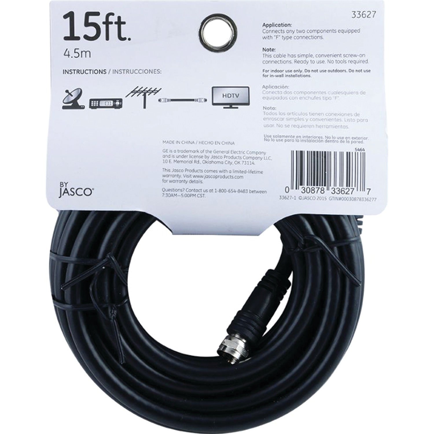 GE RG6 Coaxial Cable with F-Type Connectors, Black, 15 Ft.