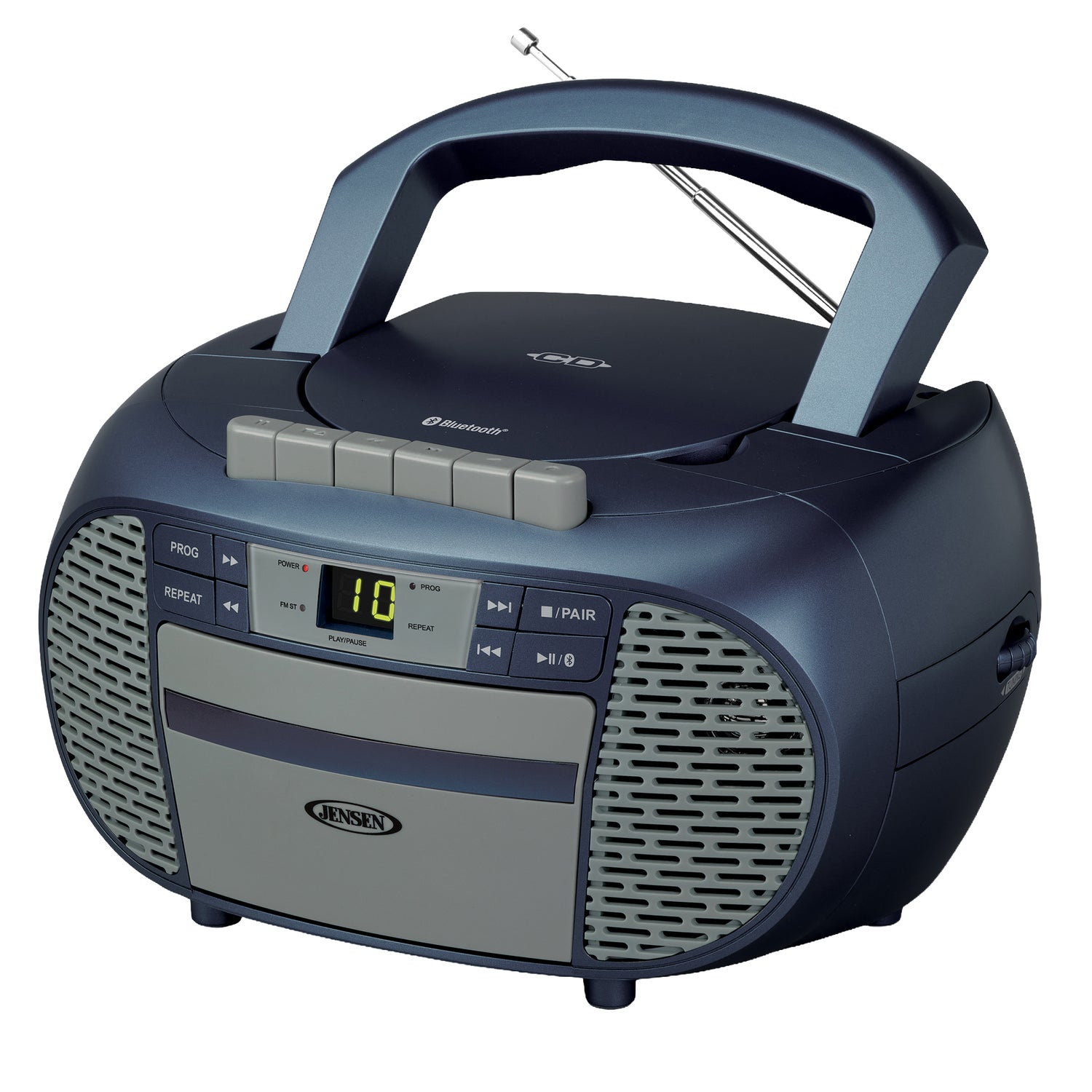 Jensen Portable Bluetooth CD Music System with Built-in Speakers, Cassette Player/Recorder, AM/FM Radio, and Aux, CD-550ABT, Blue