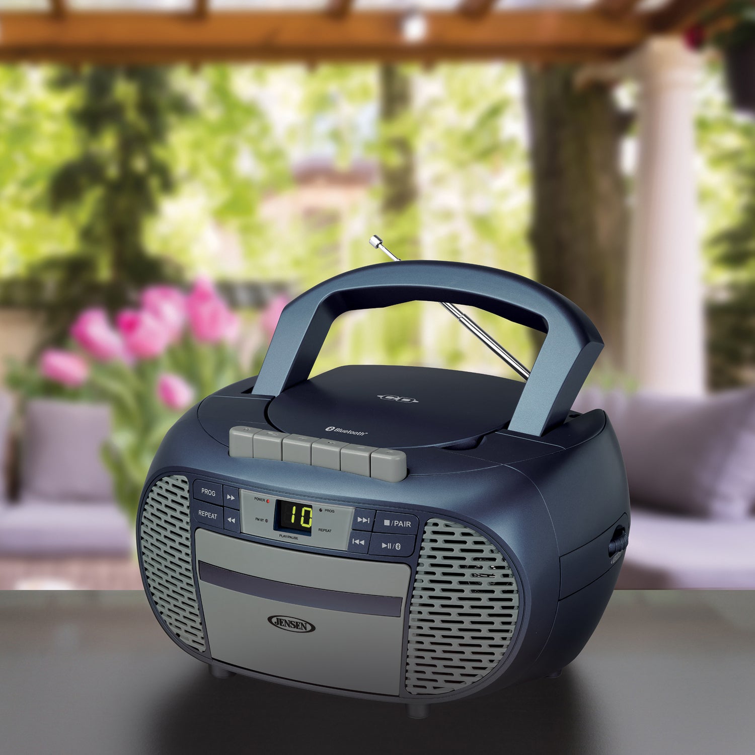 Jensen Portable Bluetooth CD Music System with Built-in Speakers, Cassette Player/Recorder, AM/FM Radio, and Aux, CD-550ABT, Blue