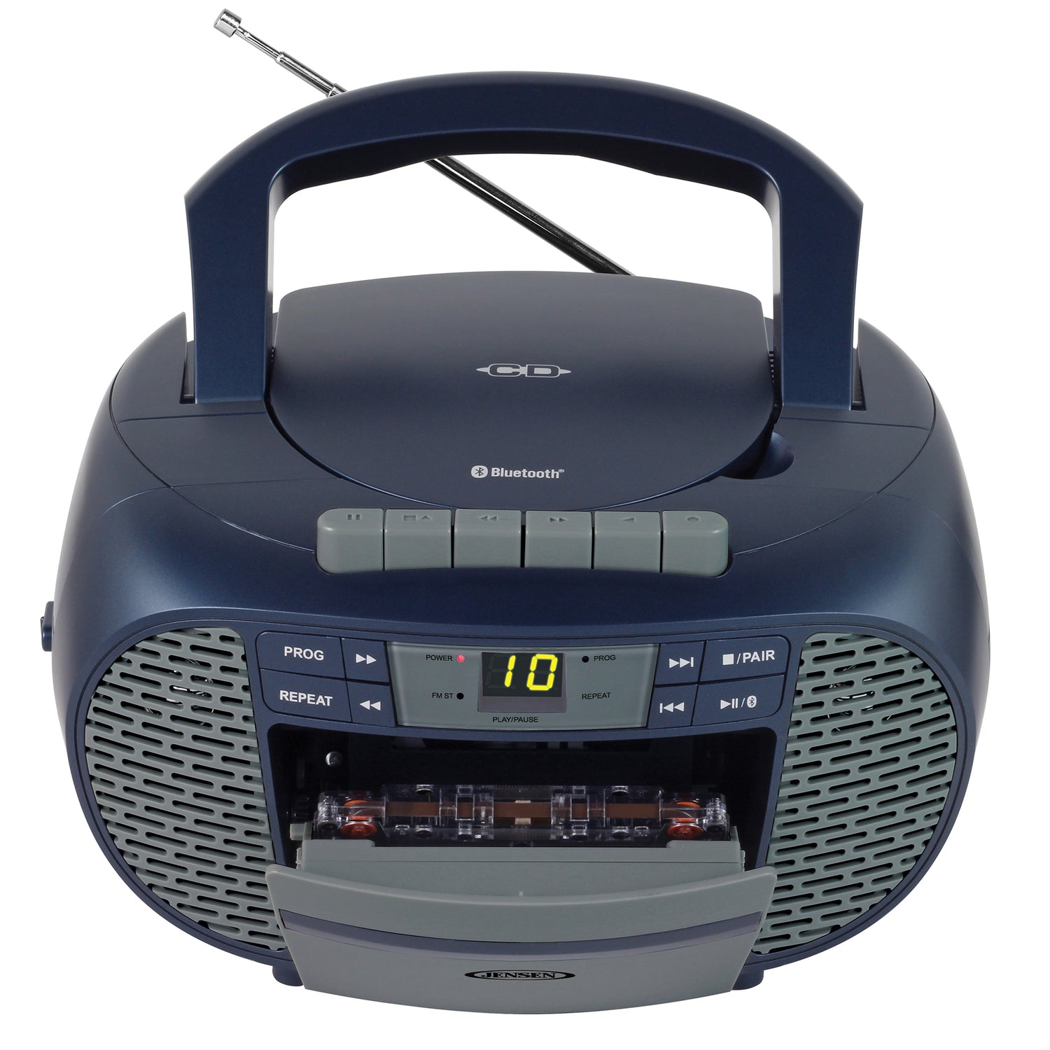 Jensen Portable Bluetooth CD Music System with Built-in Speakers, Cassette Player/Recorder, AM/FM Radio, and Aux, CD-550ABT, Blue