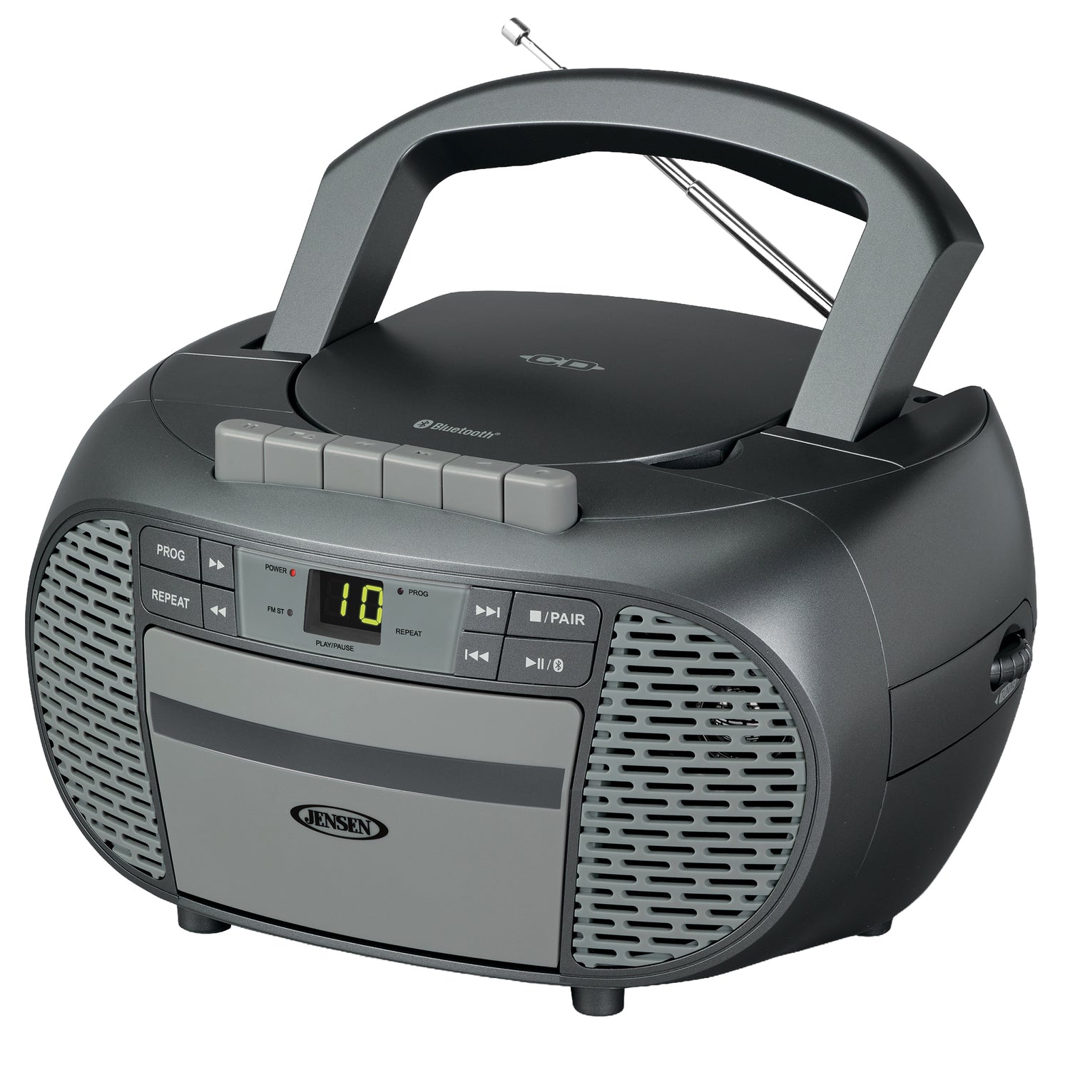 Jensen Portable Bluetooth CD Music System with Built-in Speakers, Cassette Player/Recorder, AM/FM Radio, and Aux, CD-550ABT, Gray