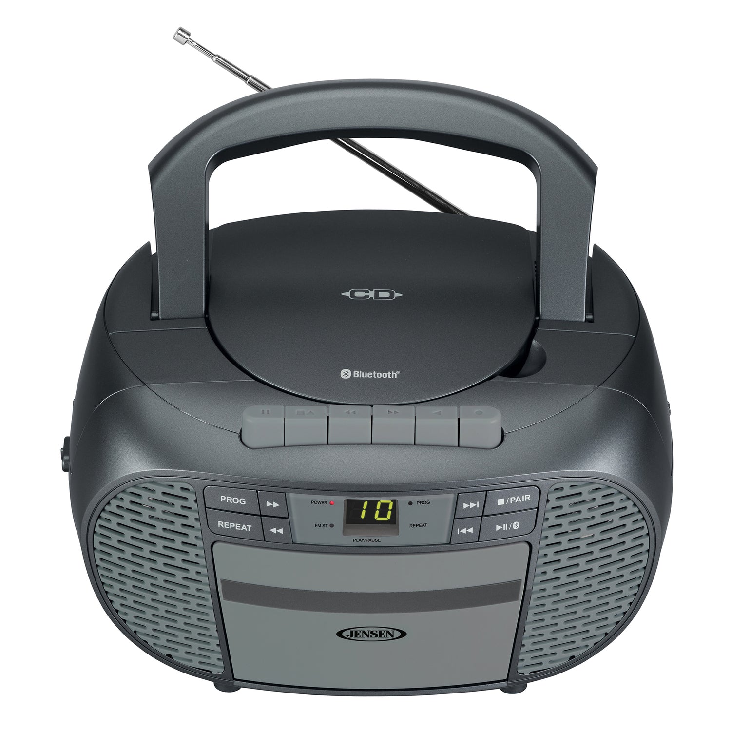 Jensen Portable Bluetooth CD Music System with Built-in Speakers, Cassette Player/Recorder, AM/FM Radio, and Aux, CD-550ABT, Gray