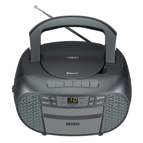 Jensen Portable Bluetooth CD Music System with Built-in Speakers, Cassette Player/Recorder, AM/FM Radio, and Aux, CD-550ABT, Gray
