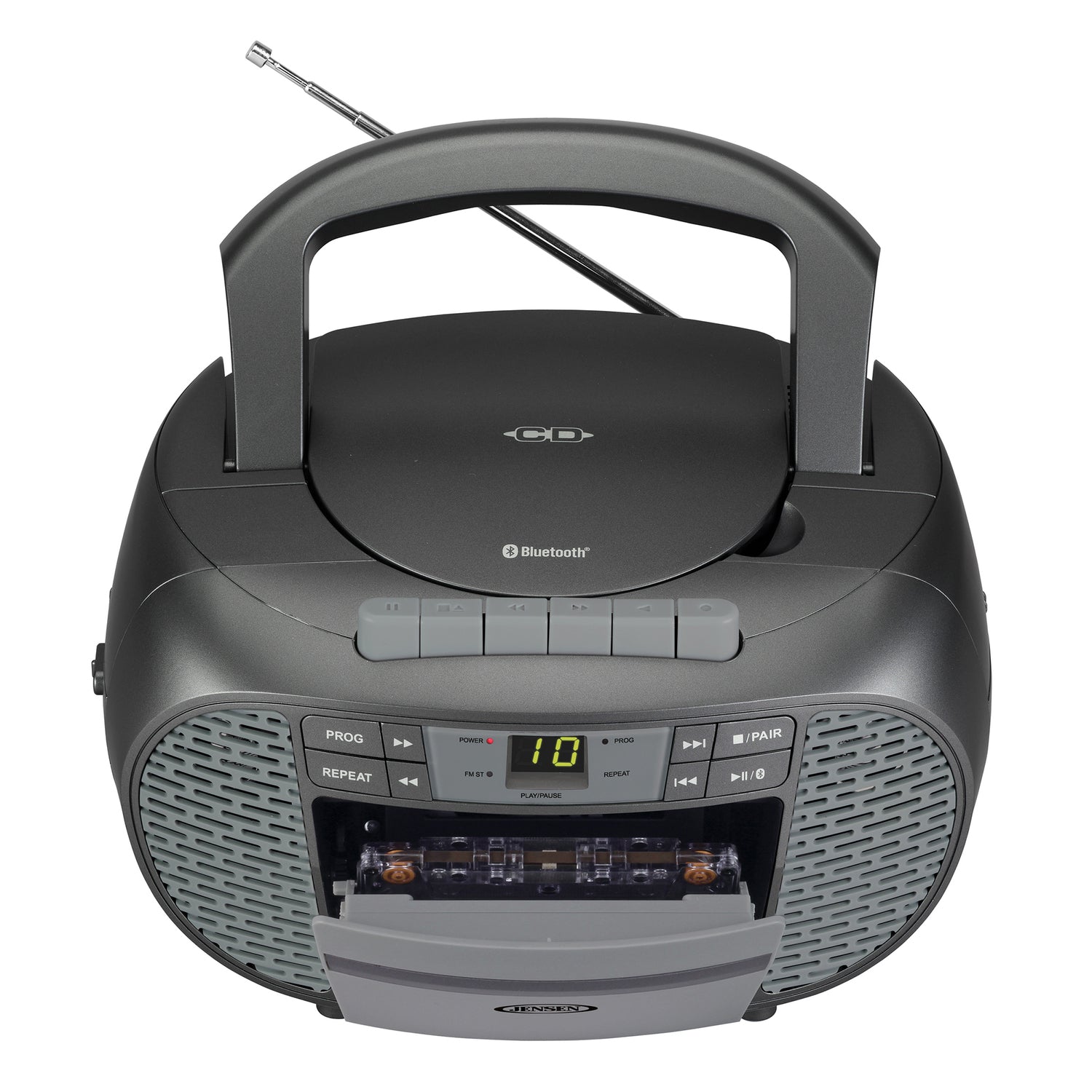Jensen Portable Bluetooth CD Music System with Built-in Speakers, Cassette Player/Recorder, AM/FM Radio, and Aux, CD-550ABT, Gray