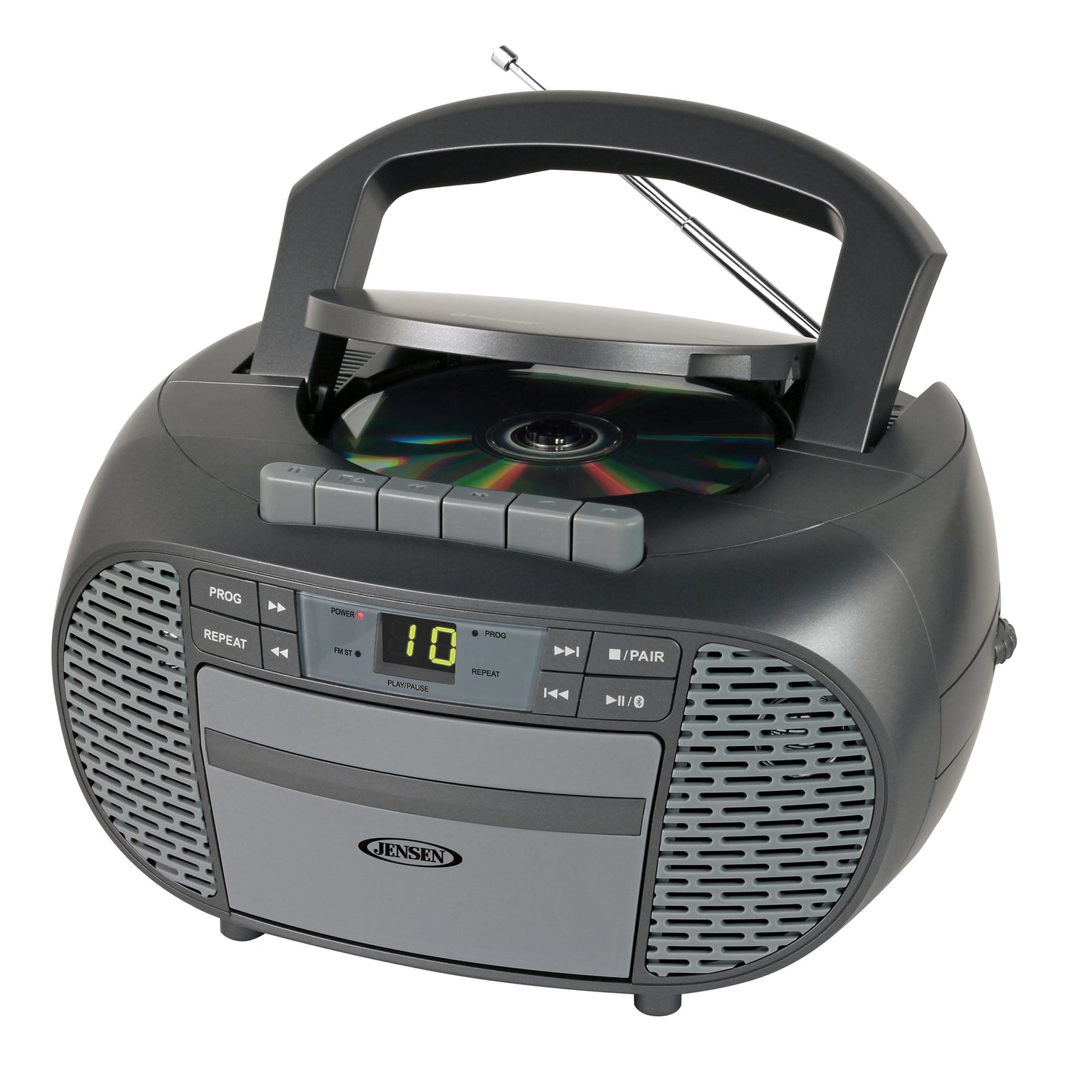 Jensen Portable Bluetooth CD Music System with Built-in Speakers, Cassette Player/Recorder, AM/FM Radio, and Aux, CD-550ABT, Gray