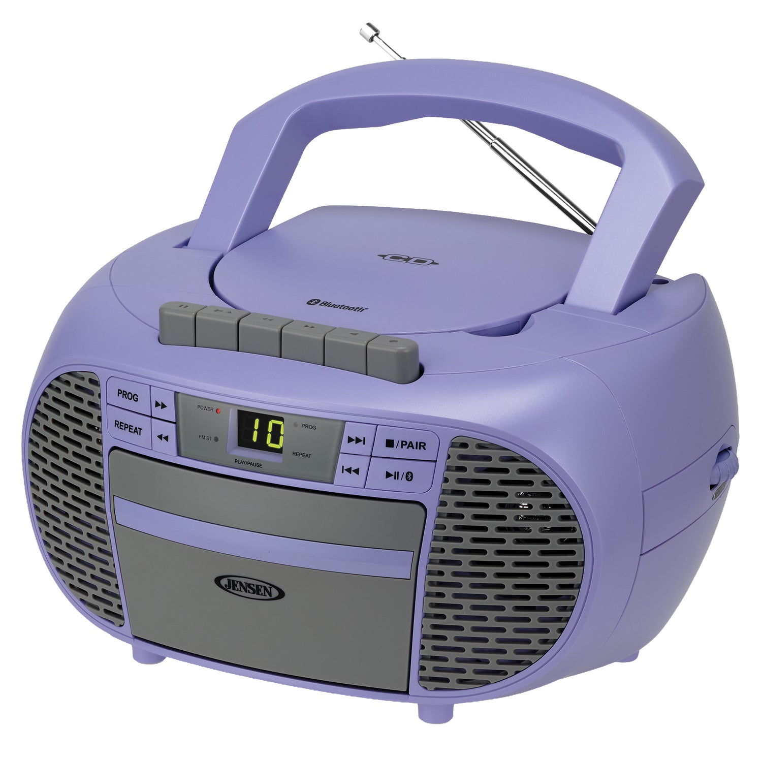 Jensen Portable Bluetooth CD Music System with Built-in Speakers, Cassette Player/Recorder, AM/FM Radio, and Aux, CD-550ABT, Purple