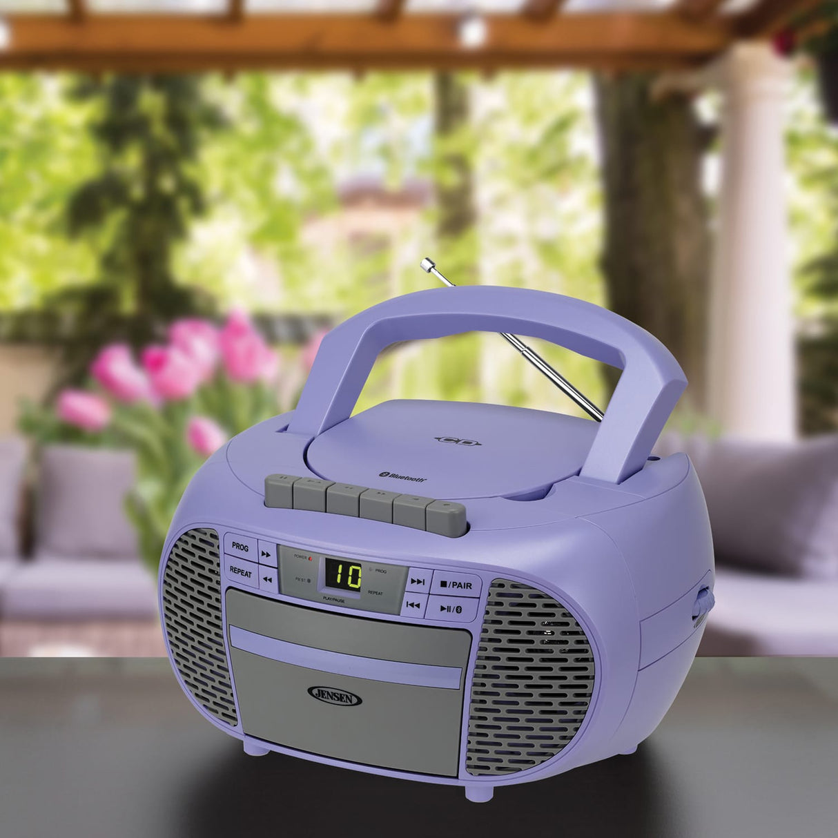 Jensen Portable Bluetooth CD Music System with Built-in Speakers, Cassette Player/Recorder, AM/FM Radio, and Aux, CD-550ABT, Purple