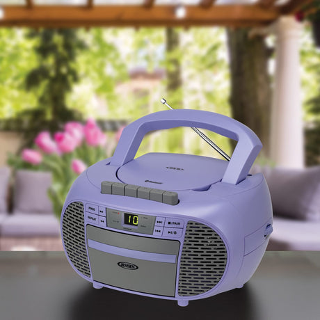 Jensen Portable Bluetooth CD Music System with Built-in Speakers, Cassette Player/Recorder, AM/FM Radio, and Aux, CD-550ABT, Purple