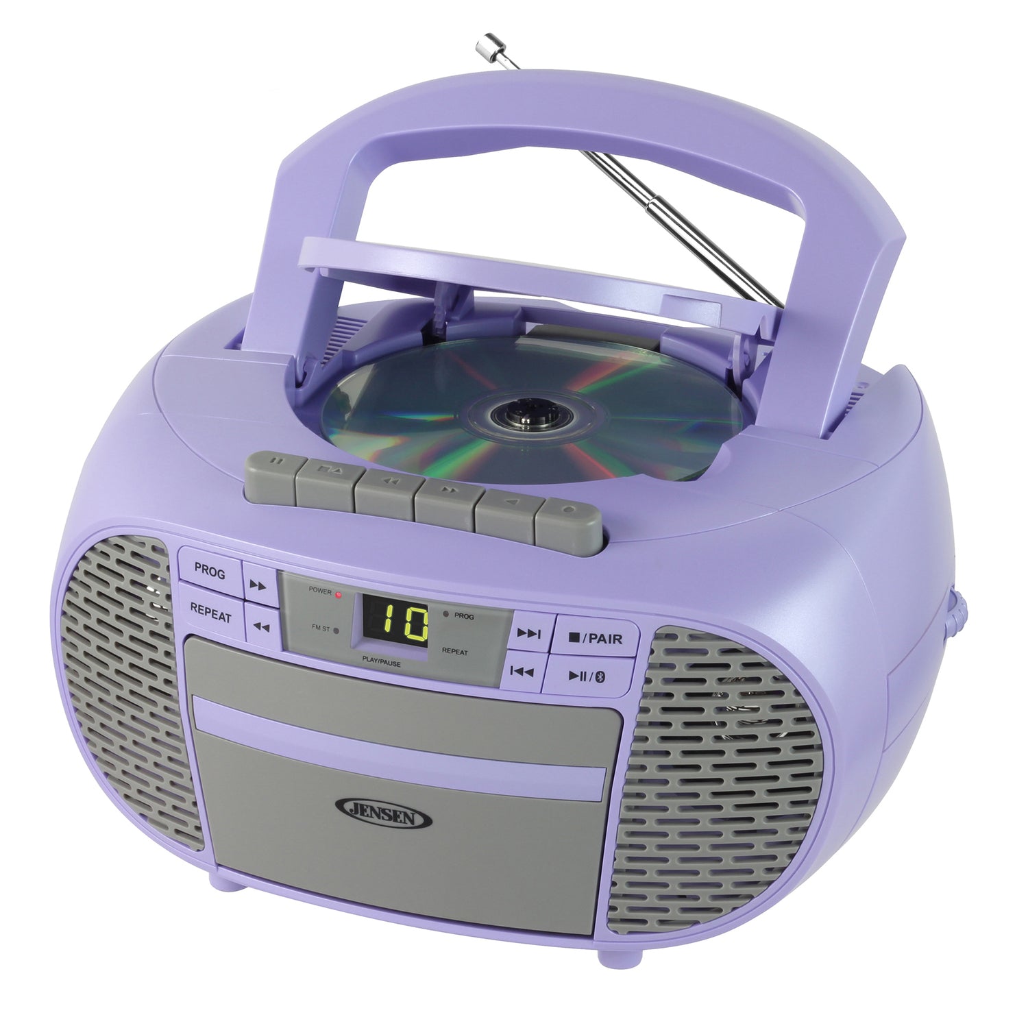 Jensen Portable Bluetooth CD Music System with Built-in Speakers, Cassette Player/Recorder, AM/FM Radio, and Aux, CD-550ABT, Purple