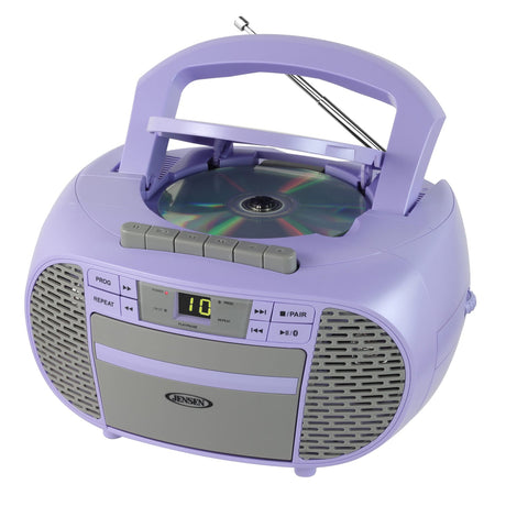 Jensen Portable Bluetooth CD Music System with Built-in Speakers, Cassette Player/Recorder, AM/FM Radio, and Aux, CD-550ABT, Purple