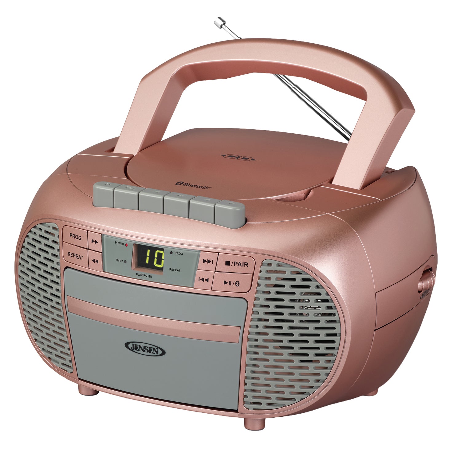 Jensen Portable Bluetooth CD Music System with Built-in Speakers, Cassette Player/Recorder, AM/FM Radio, and Aux, CD-550ABT, Metallic