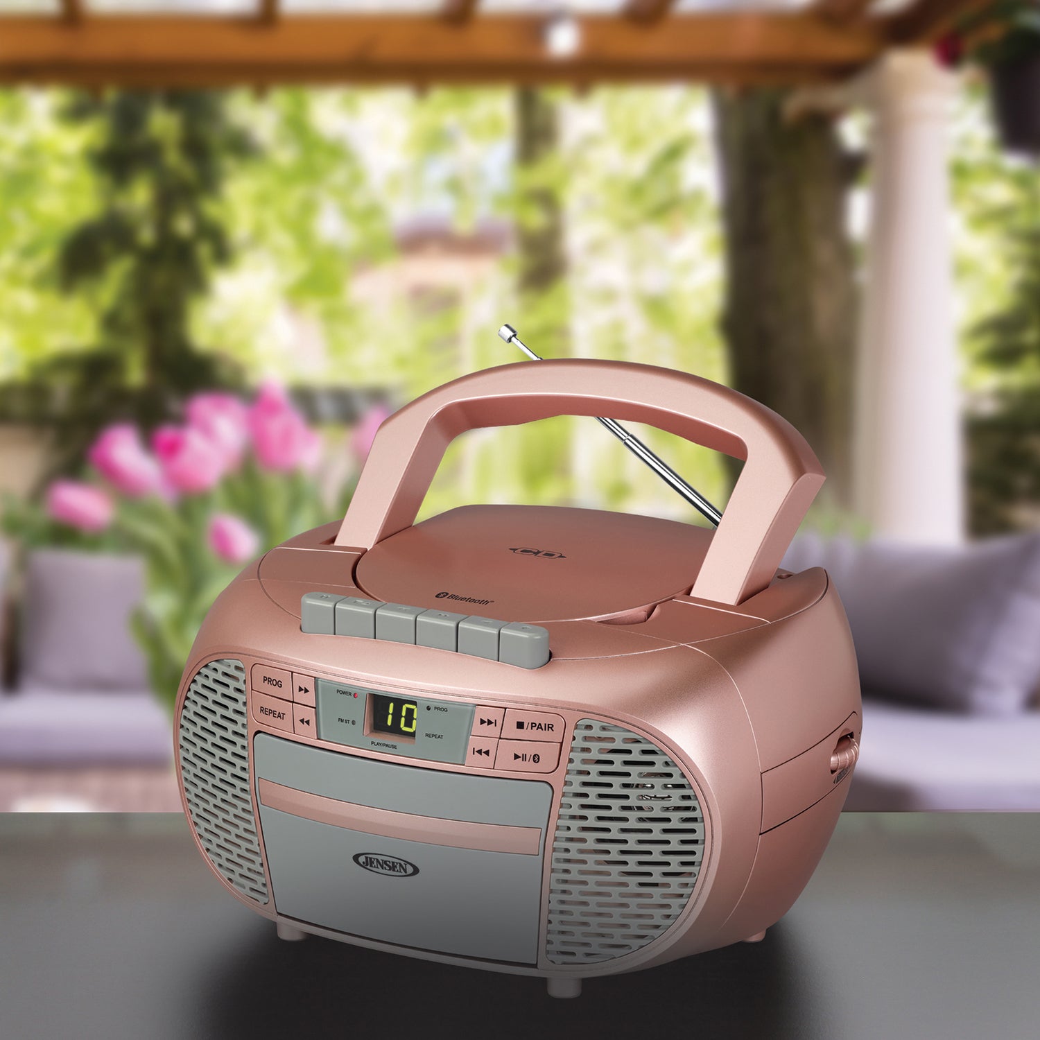 Jensen Portable Bluetooth CD Music System with Built-in Speakers, Cassette Player/Recorder, AM/FM Radio, and Aux, CD-550ABT, Metallic